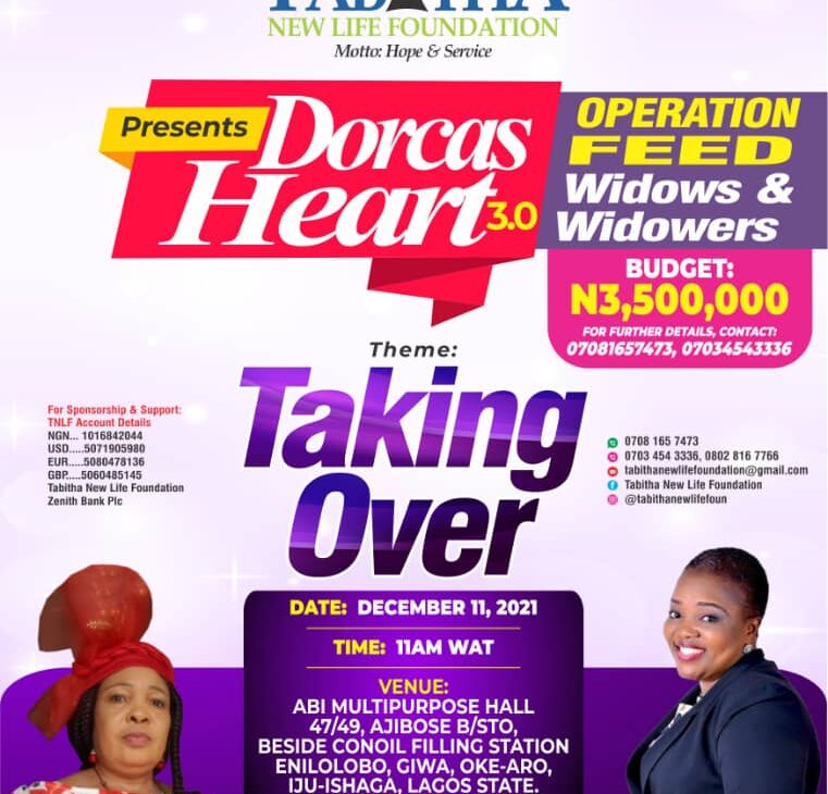 Tabitha New Life Foundation’s Annual Programme -“DORCAS HEART 3.0 tagged: “TAKING OVER” scheduled to hold December 11 2021